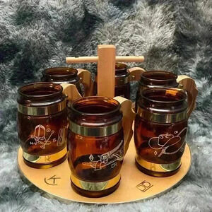 Vintage Siesta Ware Cowboy Barrel
Mugs & Wood  Serving Tray Set |